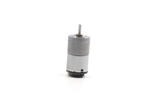 miniature encoder dc gearbox motor vertical view. Vertical upright view of 25mm brushed DC motor with spur gearbox and Hall encoder