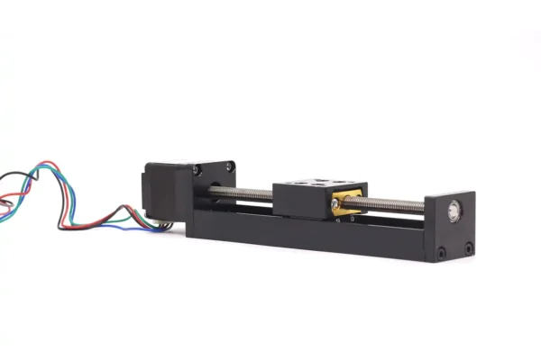 Side view of NEMA 11 hybrid stepper linear slide module with integrated guide rail
