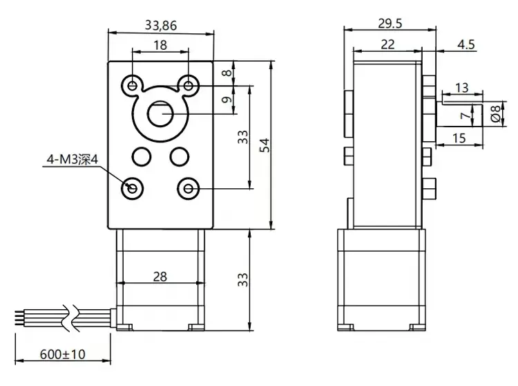 Technical drawing and dimensional blueprint of NEMA 11 hybrid stepper motor with right-angle worm gearbox