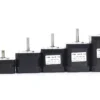 Five different sizes of TSL-42STH A series NEMA 17 stepper motors lined up by height