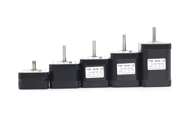 Five different sizes of TSL-42STH A series NEMA 17 stepper motors lined up by height