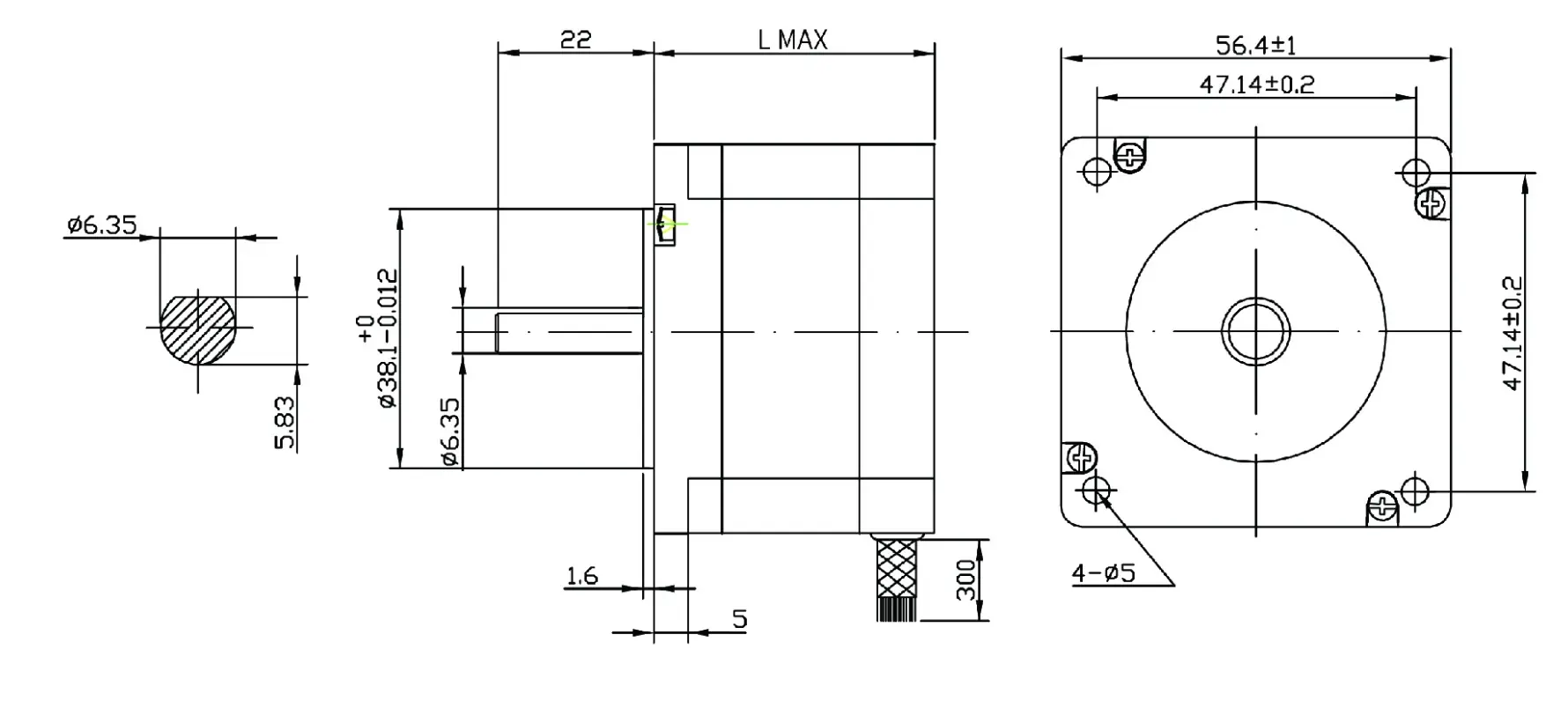 Mechanical dimension drawing for NEMA 23 stepper motor, showing the 56.4 mm frame size, 47.14 mm hole spacing, and 6.35 mm D-cut shaft specifications