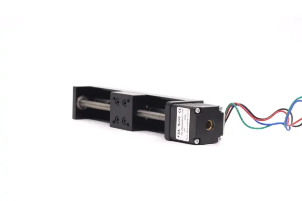 Rear view of NEMA 11 stepper motor on linear slide actuator showing wiring outlet