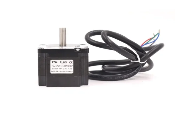 Top-down view of NEMA 23 stepper motor with product specification label showing model TSL-57STH4120A4D8EP, 0.55Nm holding torque, and 2.0A rated current