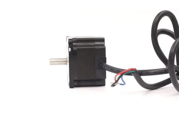 Side profile view of NEMA 23 hybrid stepper motor illustrating the motor body length and the 6.35 mm diameter D-cut shaft