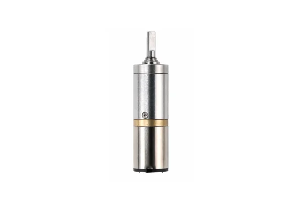 precision micro planetary geared motor dimensions Straight side profile view of a micro planetary geared electric motor, illustrating its symmetrical cylindrical body and coreless motor design