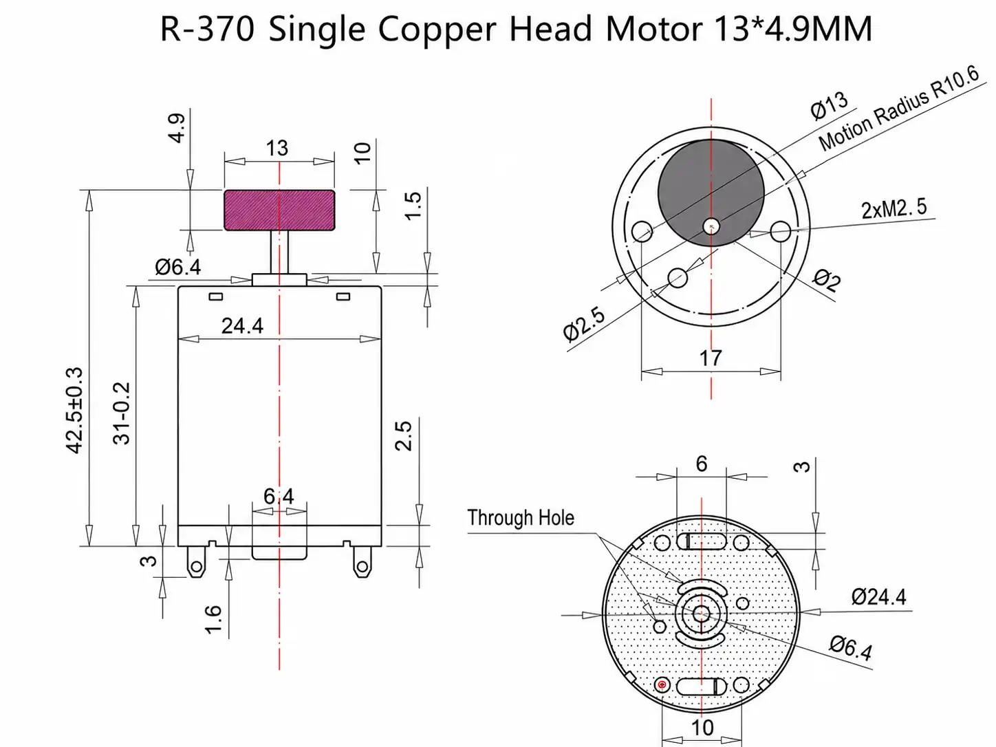 Mechanical blueprint drawing for R-370 single copper head motor 