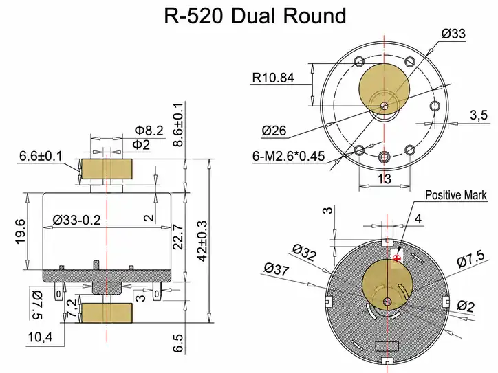 r 520 erm vibration motor dimensions drawing Mechanical dimension blueprint for R-520 dual round copper head ERM vibration motor