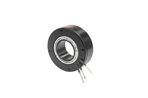 Main product image of Tsingly TSL-GB7215 hollow shaft brushless gimbal motor, showing a sharp 3D perspective profile with its large central bore, integrated ball bearing, and 3-phase wire outputs.