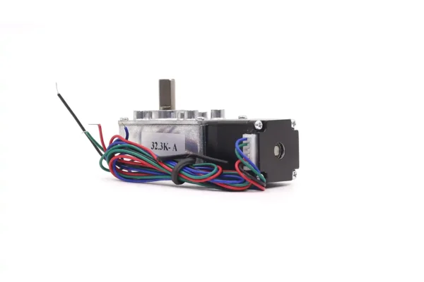 Rear perspective of NEMA 11 geared stepper motor focusing on the self-locking right-angle gearbox design