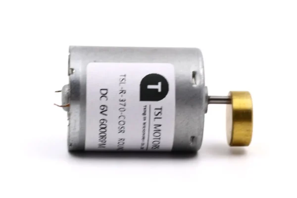 Small DC vibrator motor with product label specifying DC 6V 6000RPM