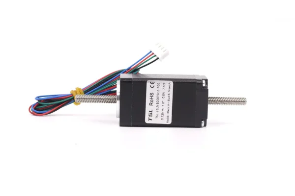 Laser-printed technical specification sticker on a NEMA 11 non captive stepper linear actuator