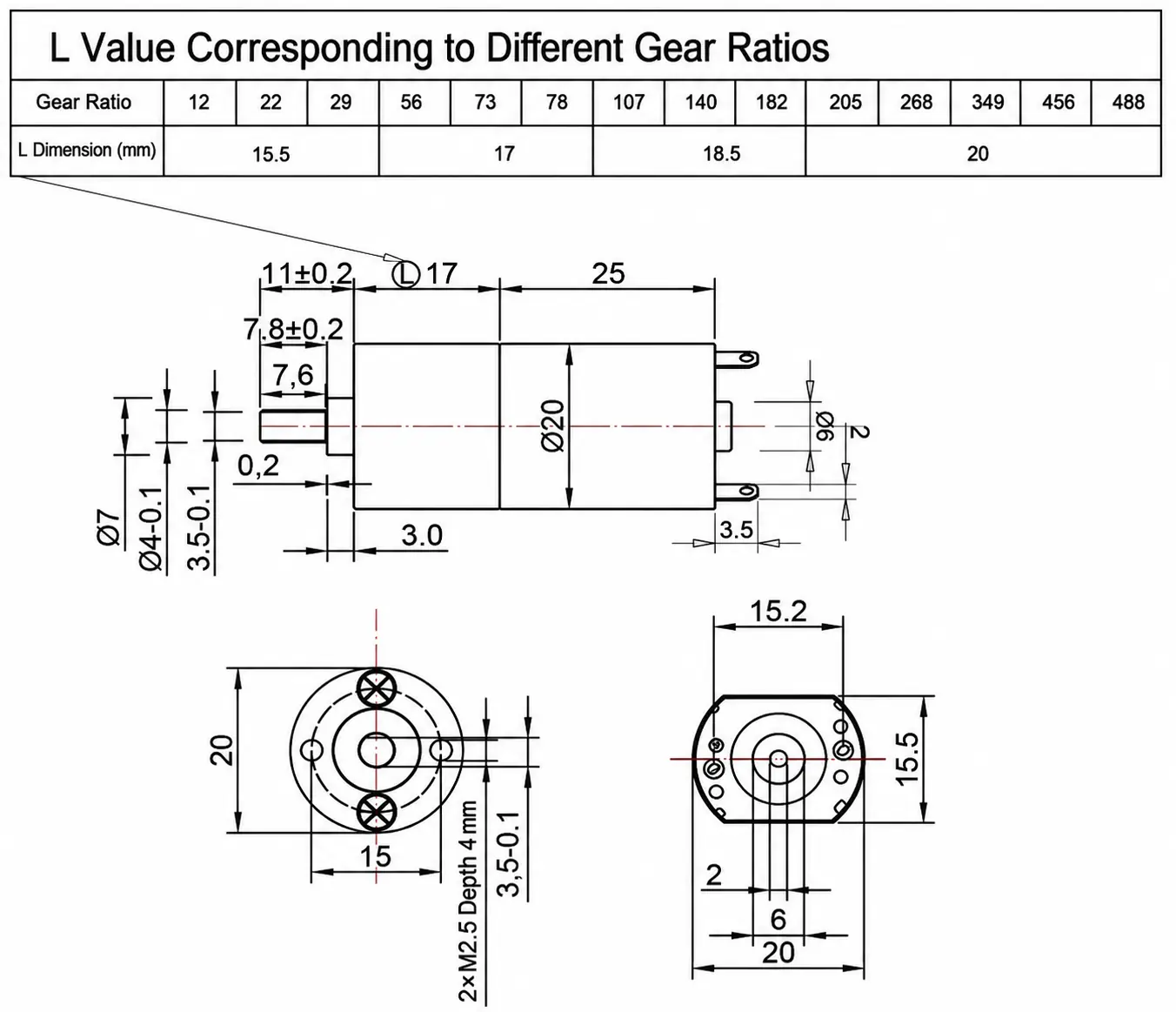 Technical dimension schematic drawing for the TSL-GA20-130 miniature geared DC motor