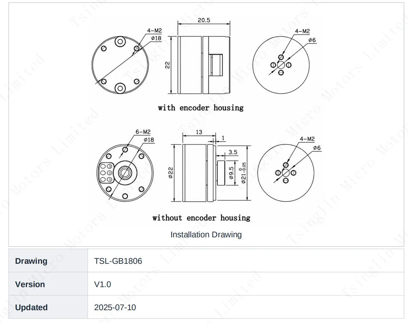 Technical installation drawing and mechanical specifications for TSL-GB1806 gimbal motor with and without encoder housing