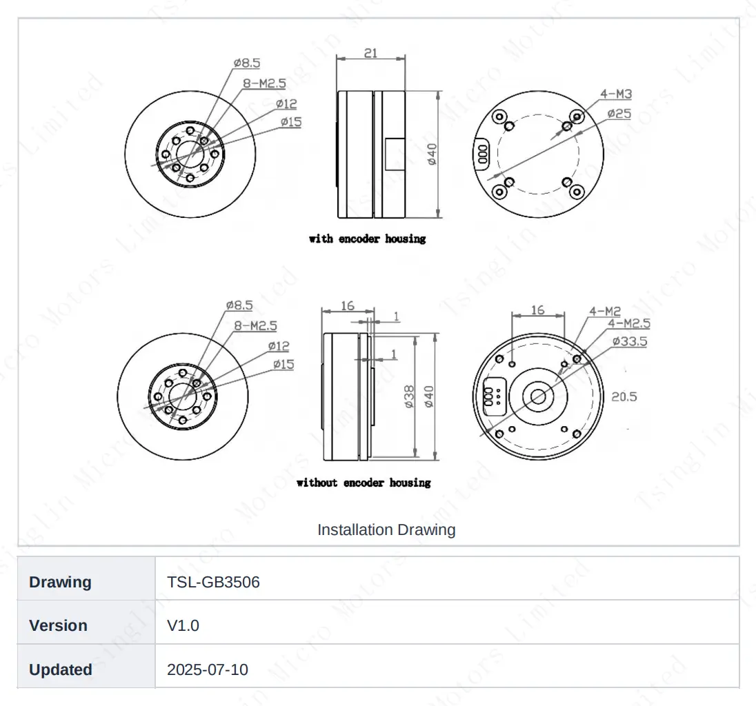 Technical drawing and mounting specifications for TSL-GB3506 camera gimbal motor with and without encoder housing