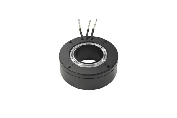 Isometric perspective view of TSL-GB7215 brushless gimbal motor looking down at the bearing side, showcasing the profile thickness, center slip-ring bore, and three exiting motor lead wires