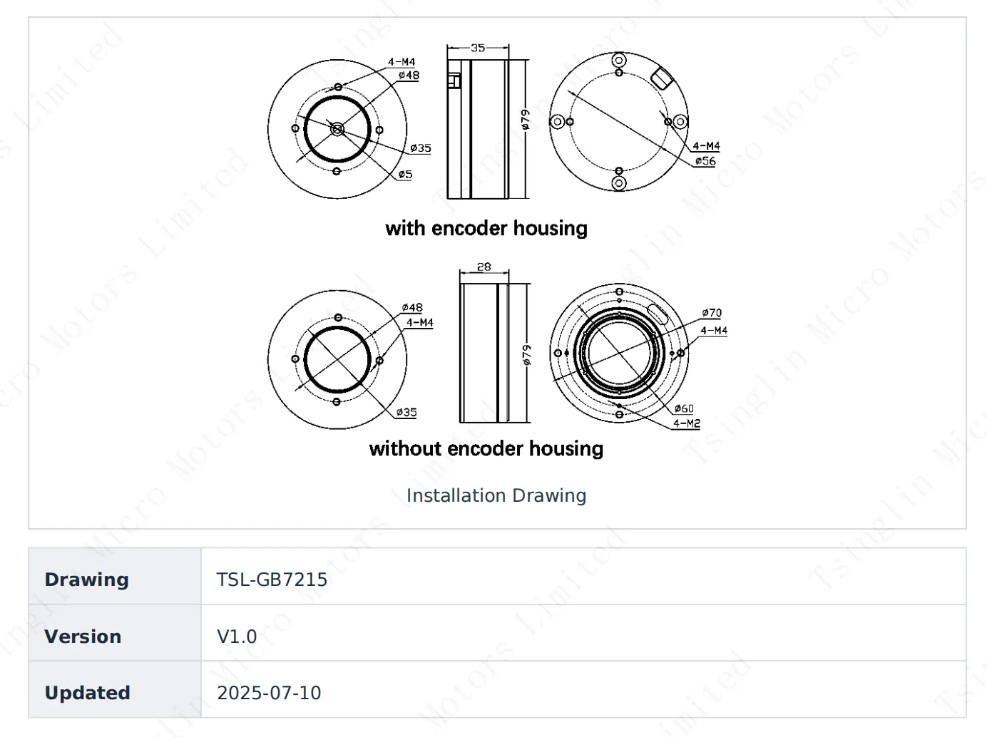 Technical dimension drawing of the TSL-GB7215 brushless gimbal motor with hollow shaft, showing 2D installation measurements for both with-encoder (35mm thickness) and without-encoder (28mm thickness) housing configurations