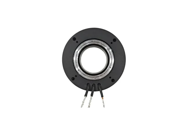 Bottom view of TSL-GB7215 hollow shaft brushless motor, revealing the internal stainless steel ball bearing ring, outer mounting threads, and three silicone-insulated phase wire leads