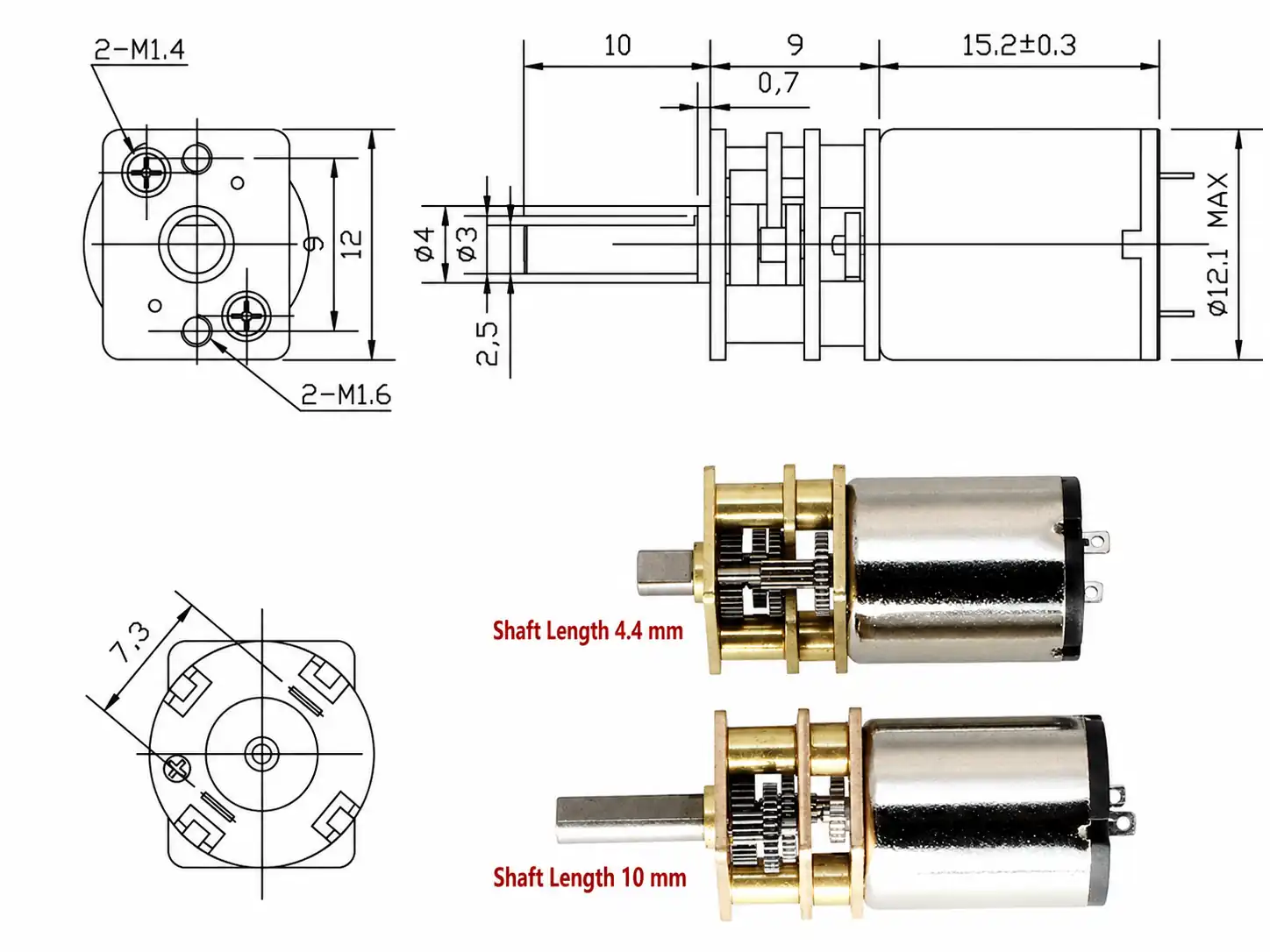 tsl gm12 c1215r 12mm dc gear motor dimensional drawing Dimensional drawing of TSL-GM12-C1215R 12mm micro DC gear motor showing gearbox length and shaft options