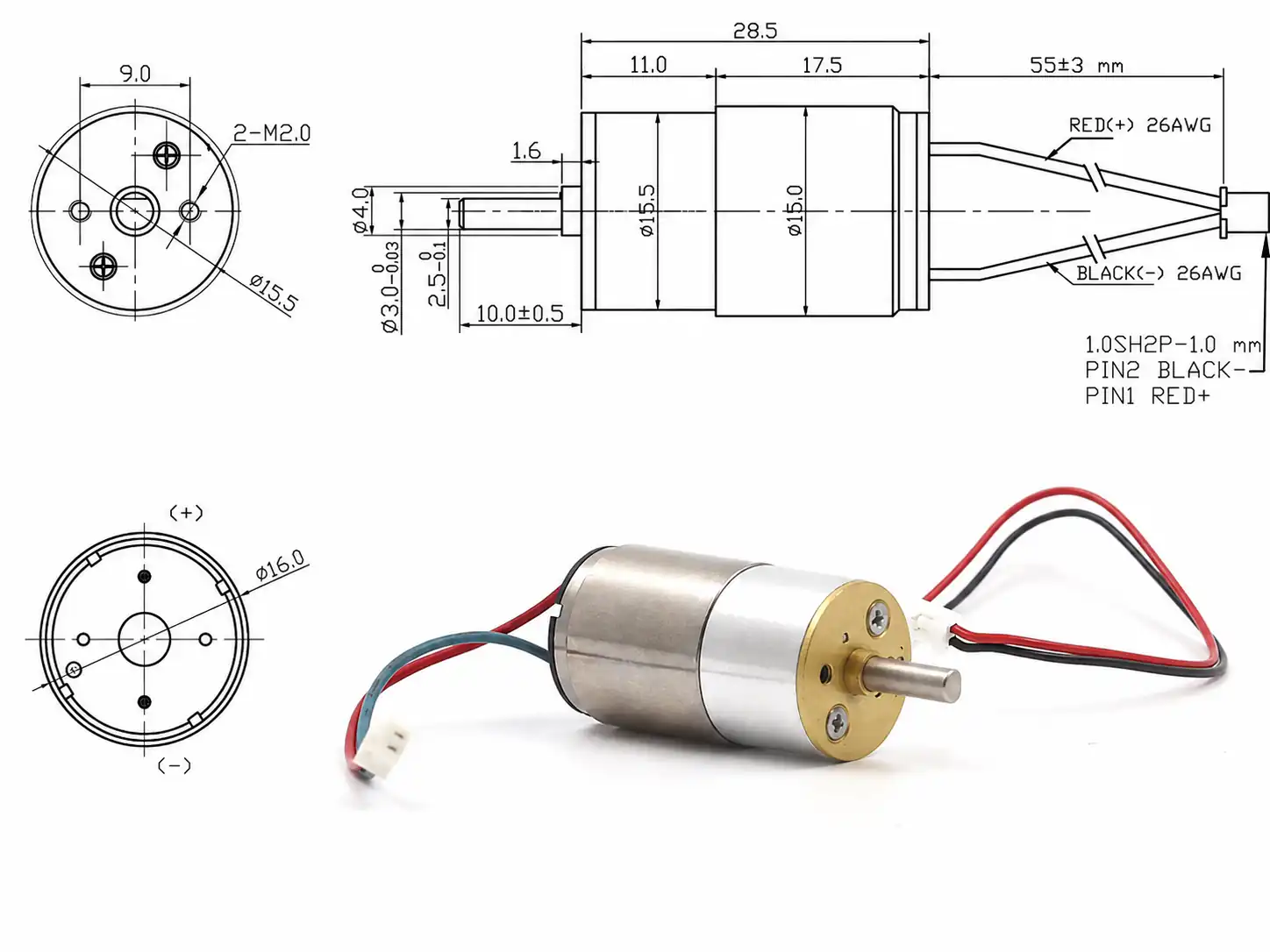 Dimensional specification drawing of TSL-GM16-C1629 6v geared DC motor with 16mm spur gearbox