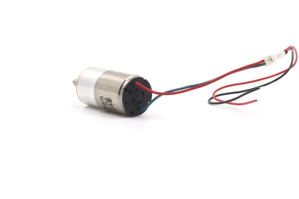 Side view of TSL-GM16-C1629 6v geared DC motor with laser-printed serial number and QC date