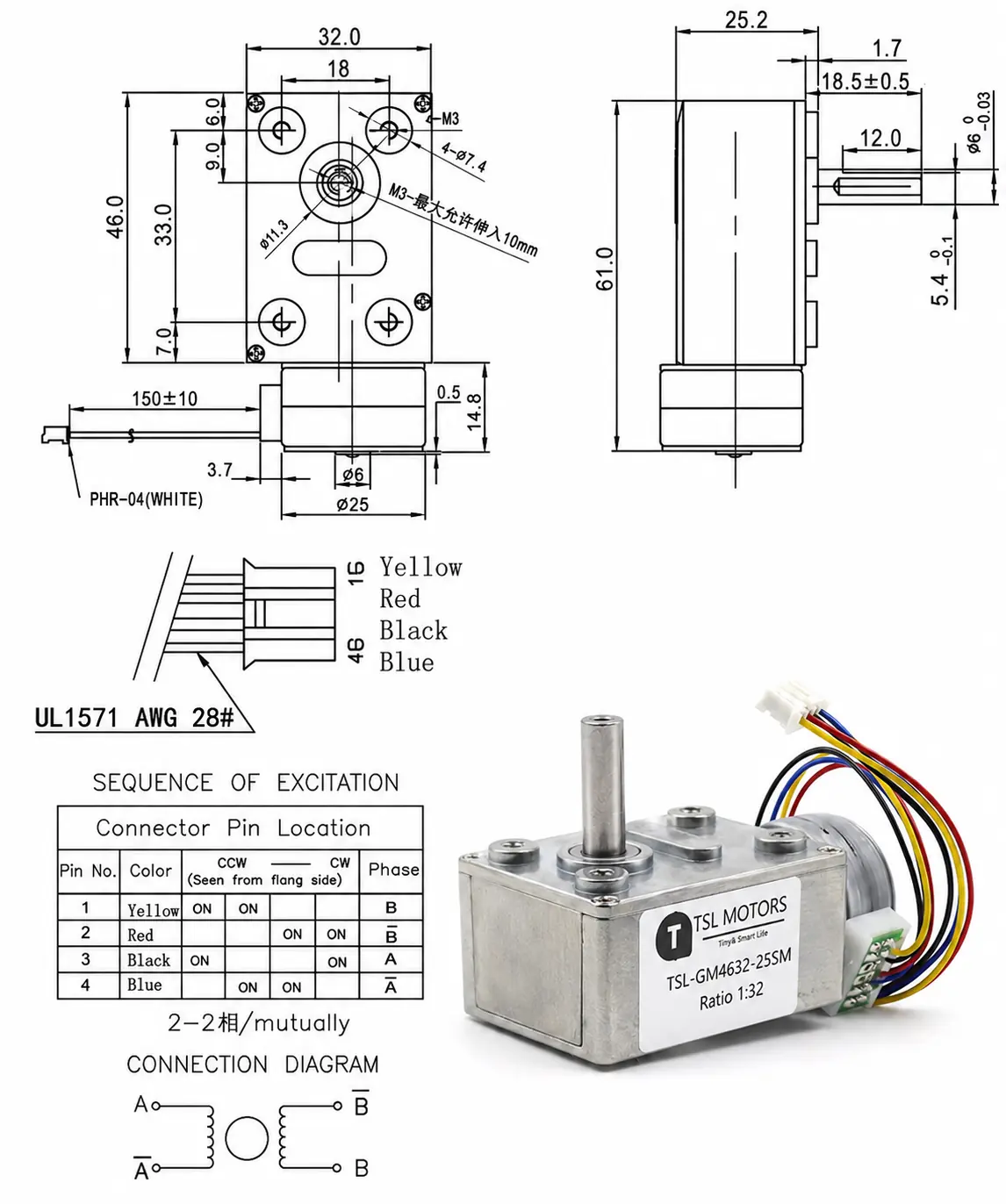 tsl gw4632 25sm worm drive stepper motor dimensions diagram Technical specifications, dimensions schematic, and wiring diagram for buying the TSL-GW4632-25SM worm drive stepper motor