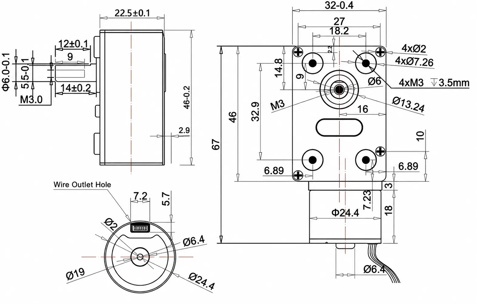 Technical dimensional drawing and blueprint schematic for the worm gear electric motor