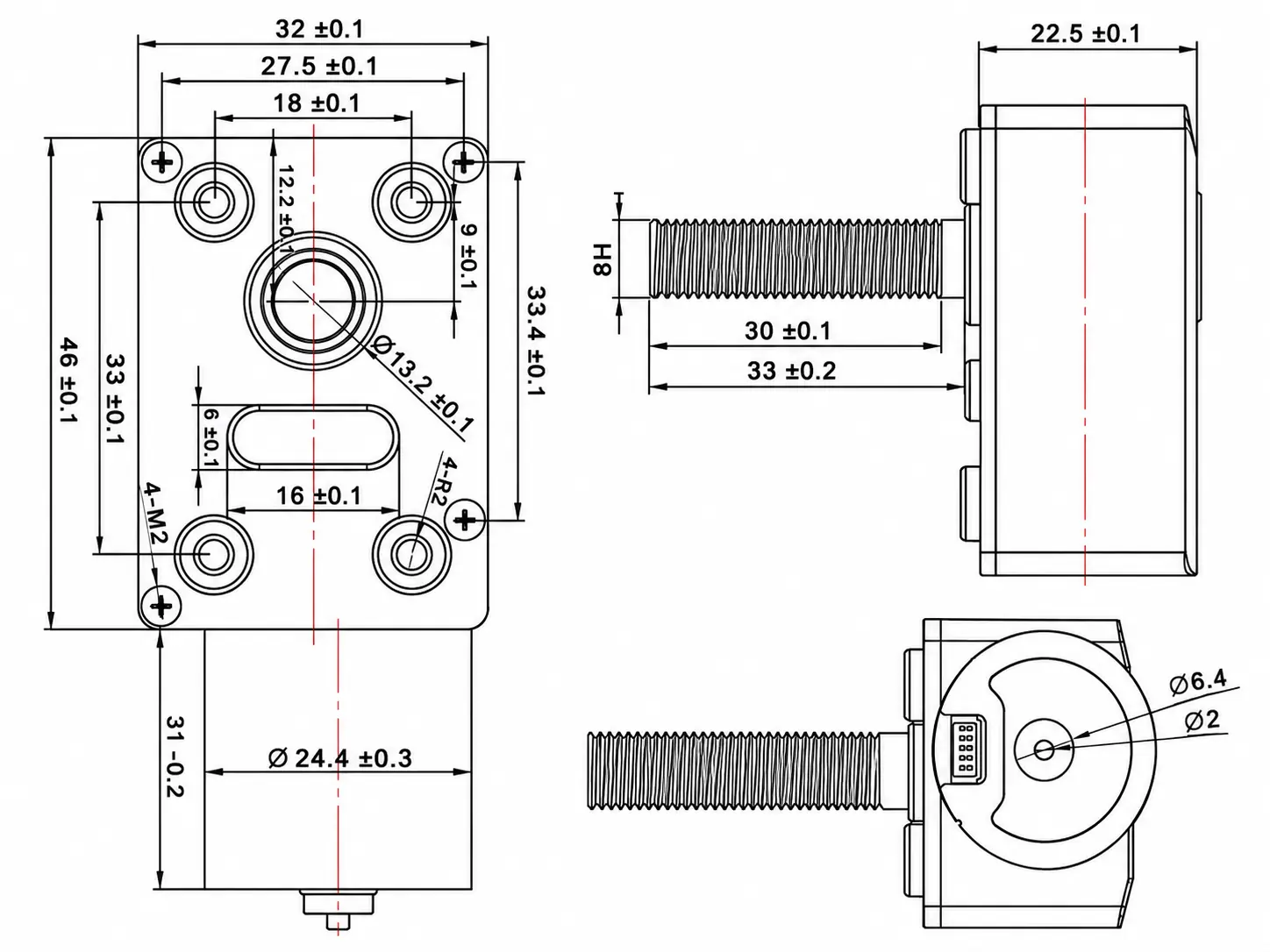 tsl gw4632 dc motor with lead screw dimensions drawing Mechanical dimension blueprint of 24mm worm gear DC motor with lead screw