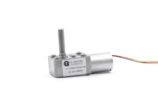 tsl motors gw4632 bl2430 m8 spec label side view TSL Motors brushless DC motor with lead screw showing product specification label