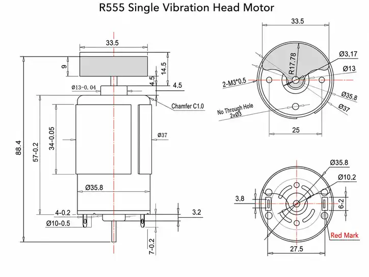Engineering technical drawing and geometric dimensions for R555 electric vibrating motor