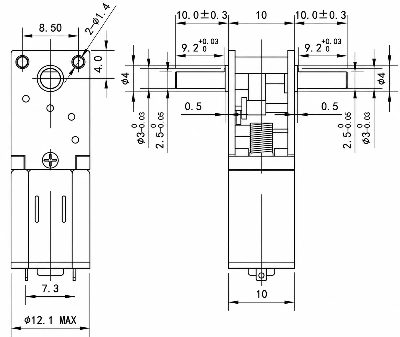 Technical dimensional drawing blueprint for the N20 double shaft worm gear motor