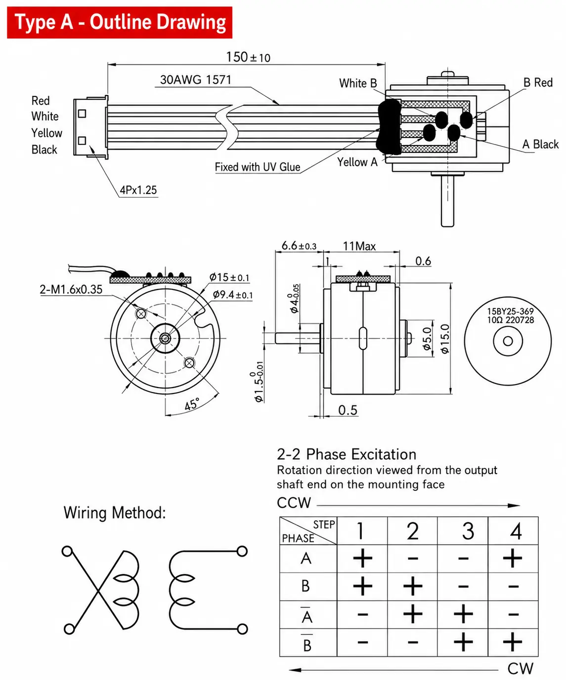 Type A technical blueprint and wiring diagram for 2 phase 4 wire micro stepper motor