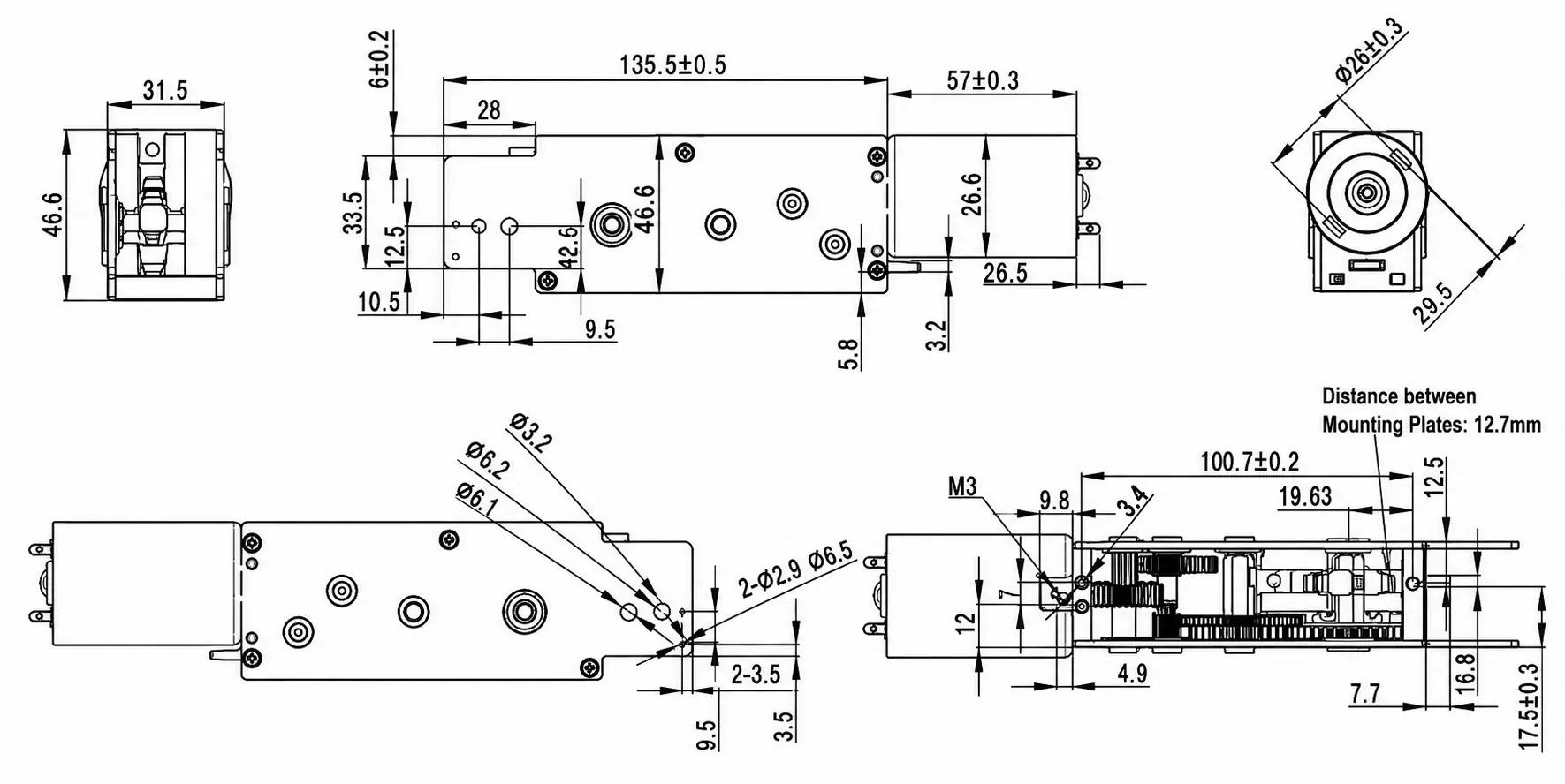 Technical drawing and outline dimensions of Ø36mm worm gear window opener motor TSL-123JS-555