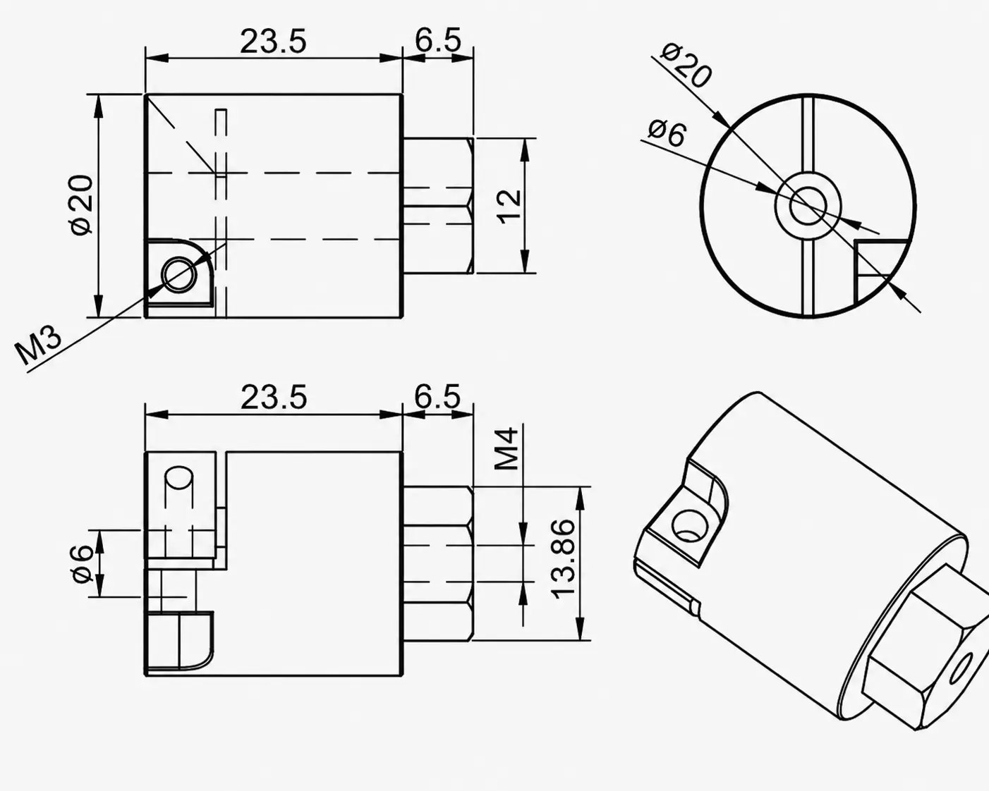 Precision CNC machined 6mm extended clamping hex shaft coupling