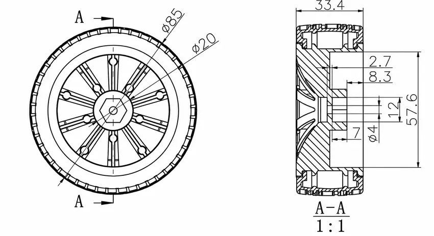 Technical drawing and dimensions of 85C 85mm natural rubber tire with 9kg load capacity