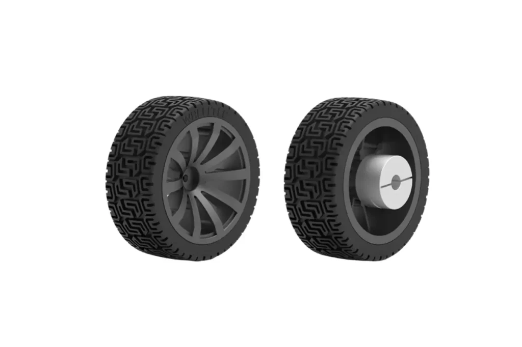 Front and back view of 85mm solid natural rubber wheel showing tread pattern and inner rim.