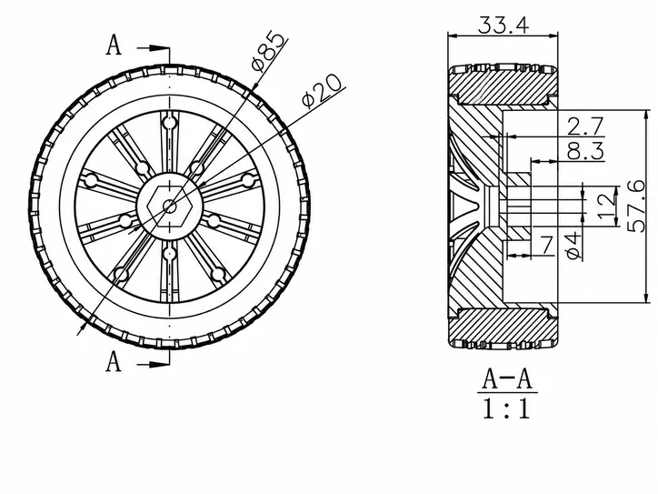 Technical specifications and dimensions for 85S heavy-duty 85mm natural rubber tire with 17.2kg load rating.