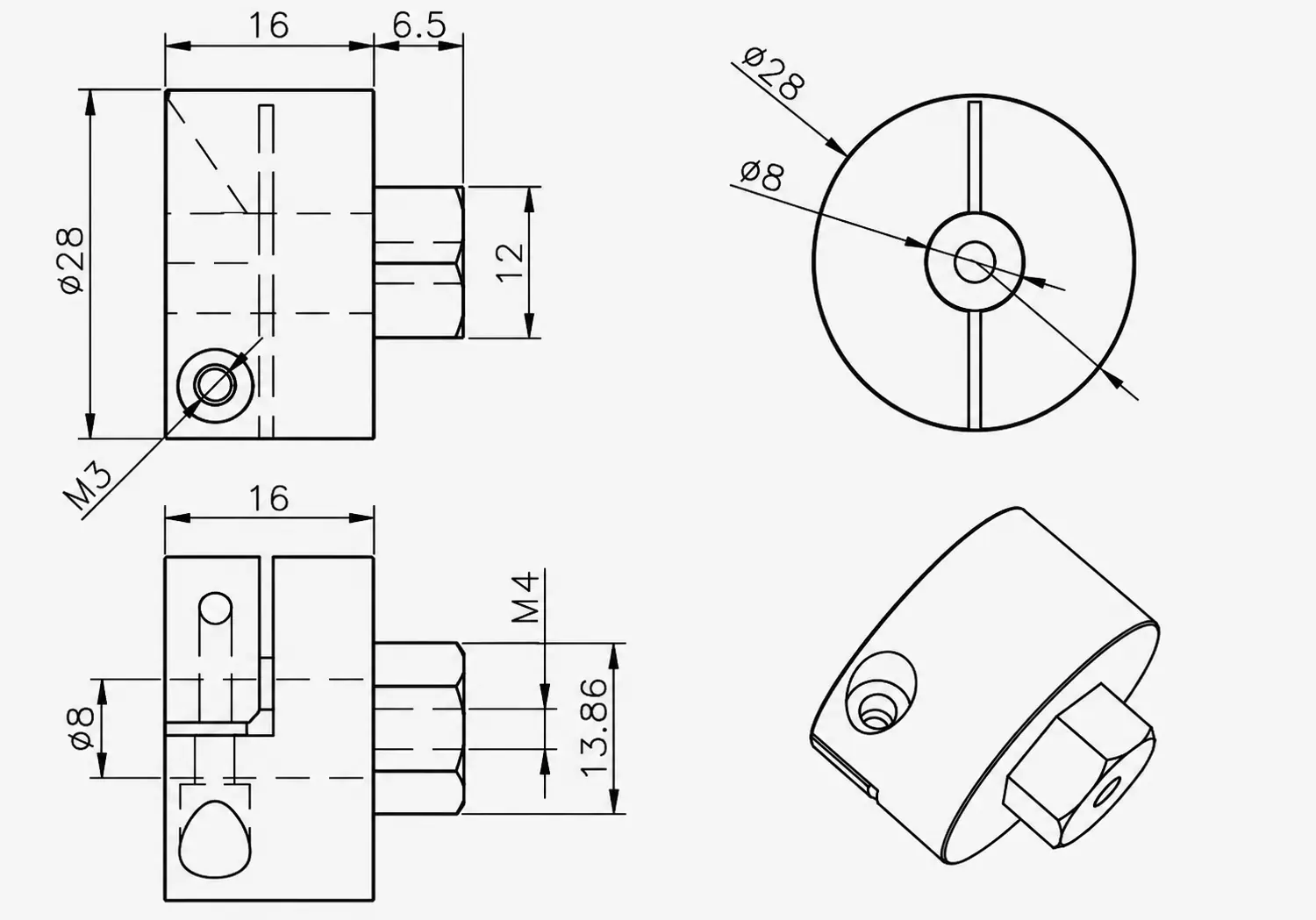 Heavy-duty CNC clamping hex coupling with 8mm inner diameter and 28mm outer diameter