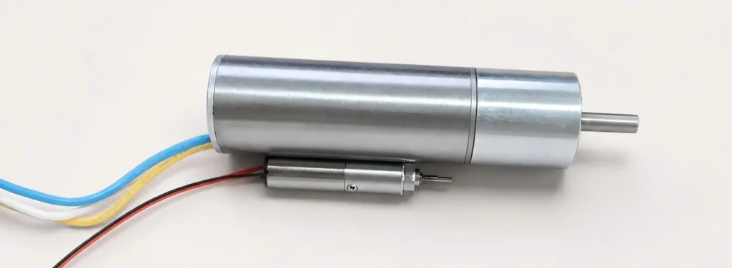 Size comparison photo between a TSL MOTOR 20mm coreless brushless motor and a micro miniature coreless gear motor on a wooden desk.