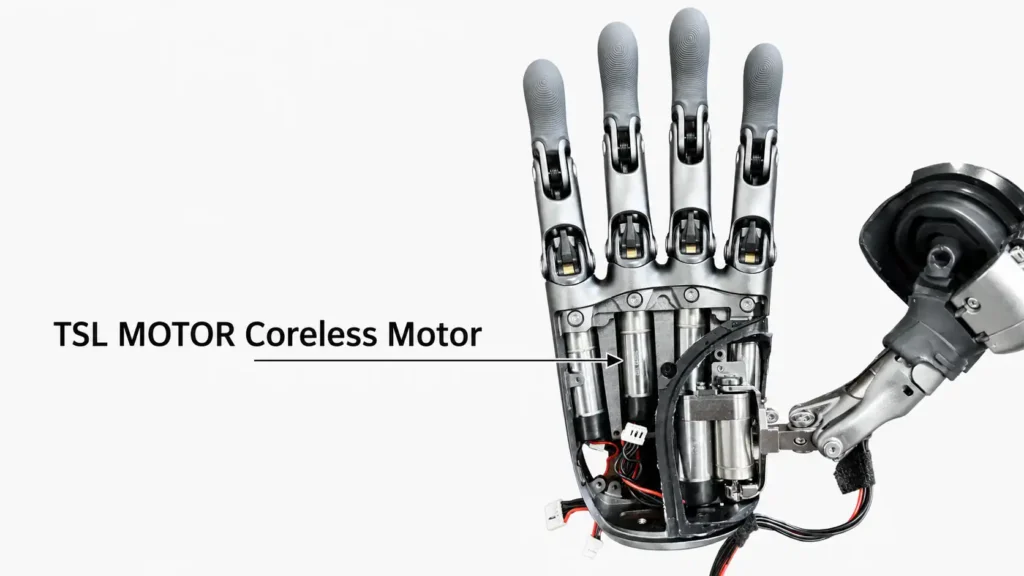 Robotic bionic dexterous hand application with internal TSL MOTOR coreless DC motors installed inside the palm to drive finger joints.