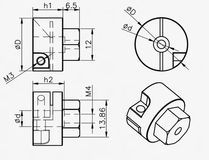 CNC machined clamping hex shaft coupling available in 3mm, 4mm, 5mm, and 6mm inner diameters.