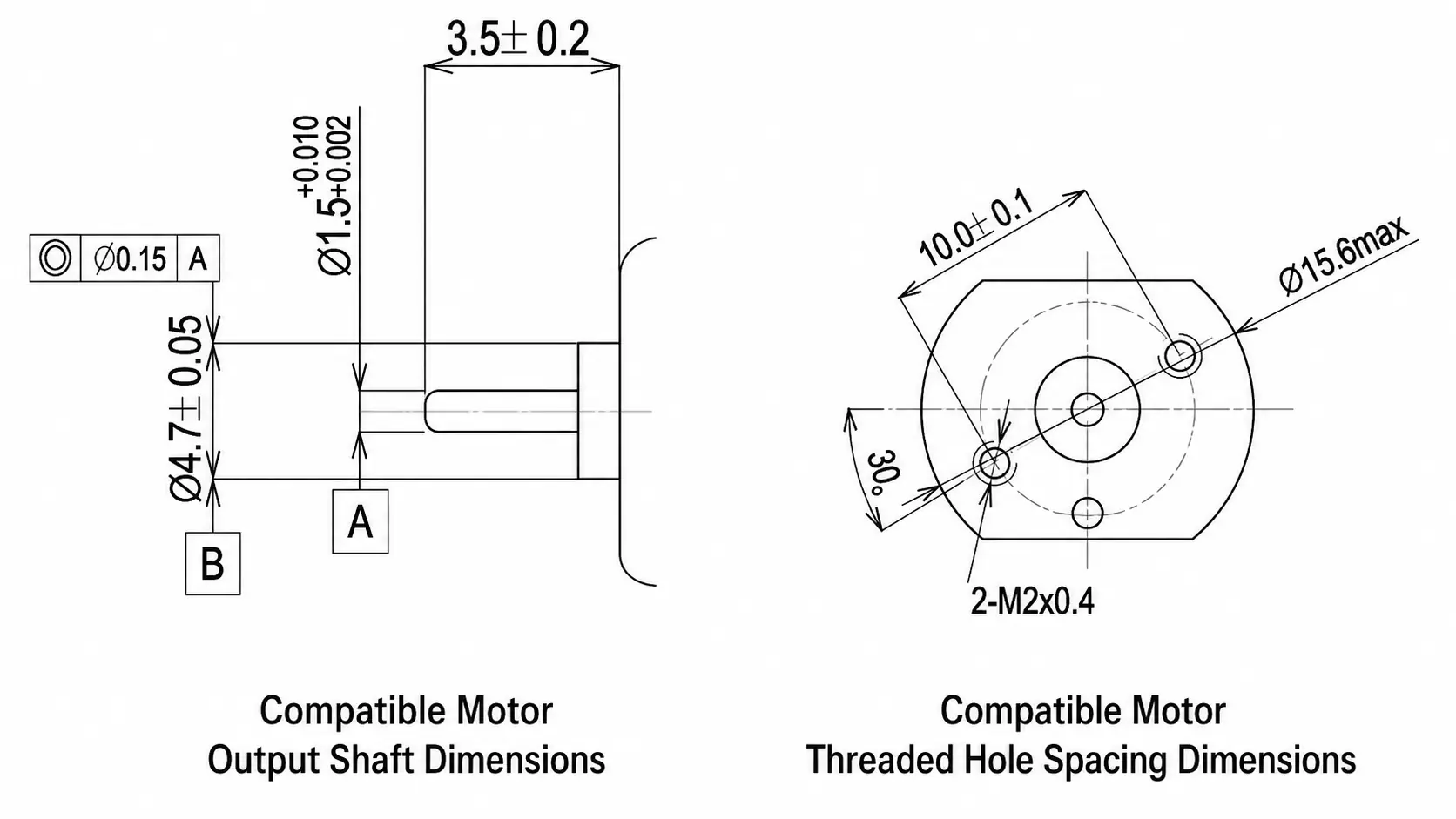 Technical dimension requirements and tolerance constraints for mounting 030 or 050 motors to the micro spur gearbox