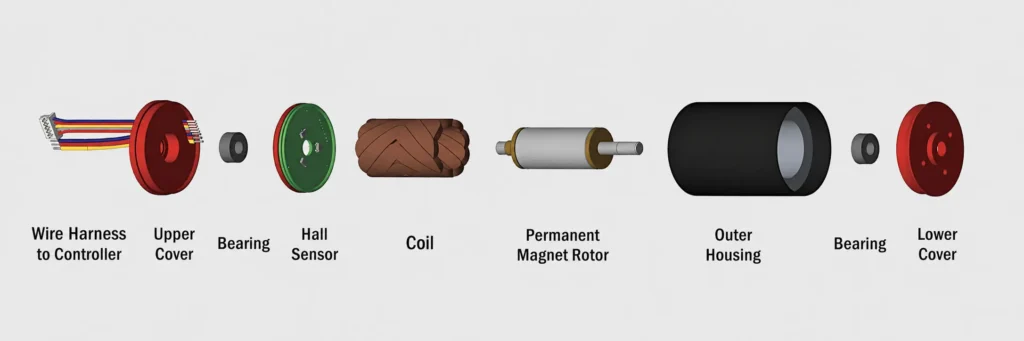 3D exploded view diagram of a coreless brushless DC (BLDC) motor with Hall sensor and slotless coil winding labels.