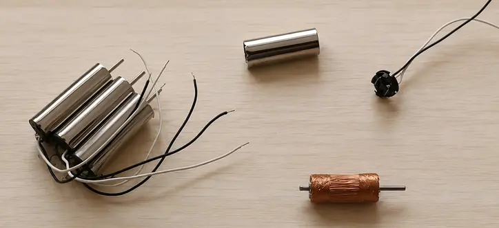 Exploded view of a TSL MOTOR coreless DC motor disassembly, showing the self-supporting cup-shaped rotor winding, permanent magnet housing, and brush end cap with lead wires.