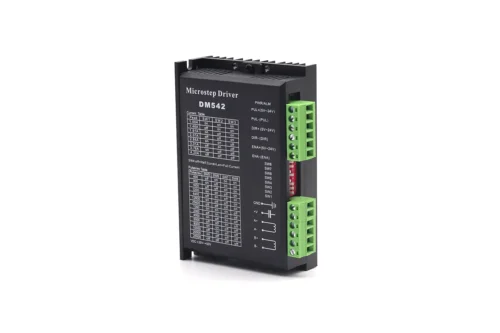 Isometric front view of DM542 digital microstep driver showing current and pulse dip switch tables