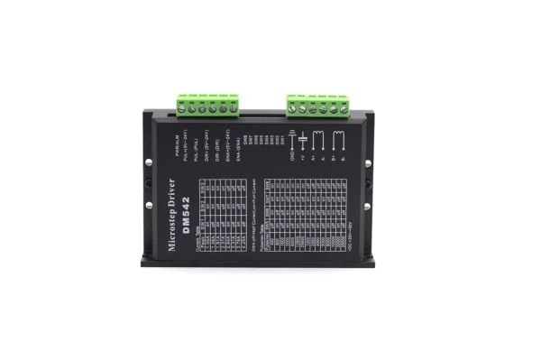 Top-down view of DM542 stepper controller showcasing green terminal blocks