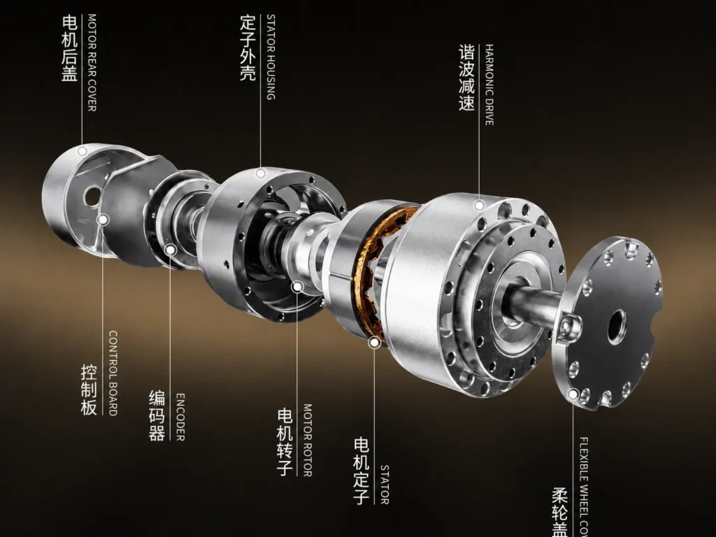 Exploded view of a humanoid robot harmonic drive actuator with motor rotor, stator, encoder and control board