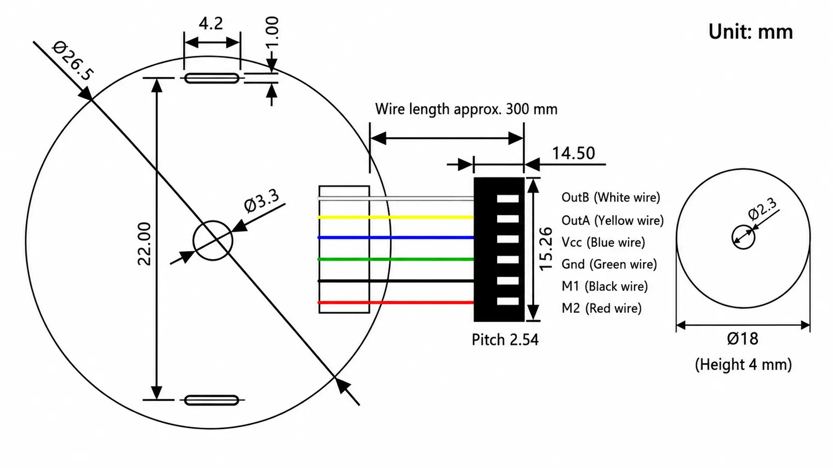 Technical dimension drawing and 6-pin wire color definition chart for the magnetic incremental encoder