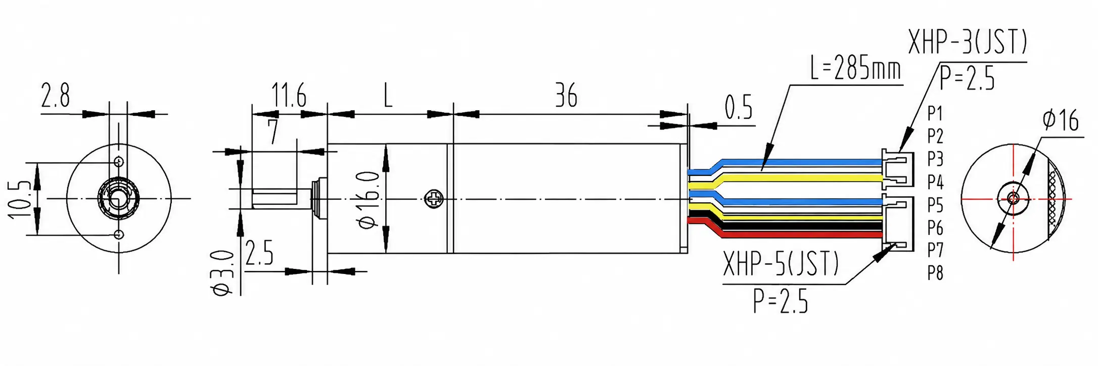 Technical dimensional drawing and pin configuration of TSL-16GP-TEC1636 micro brushless planetary geared motor