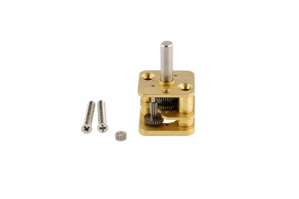 Miniature square spur gearbox kit displayed alongside included mounting screws and an independent motor input gear